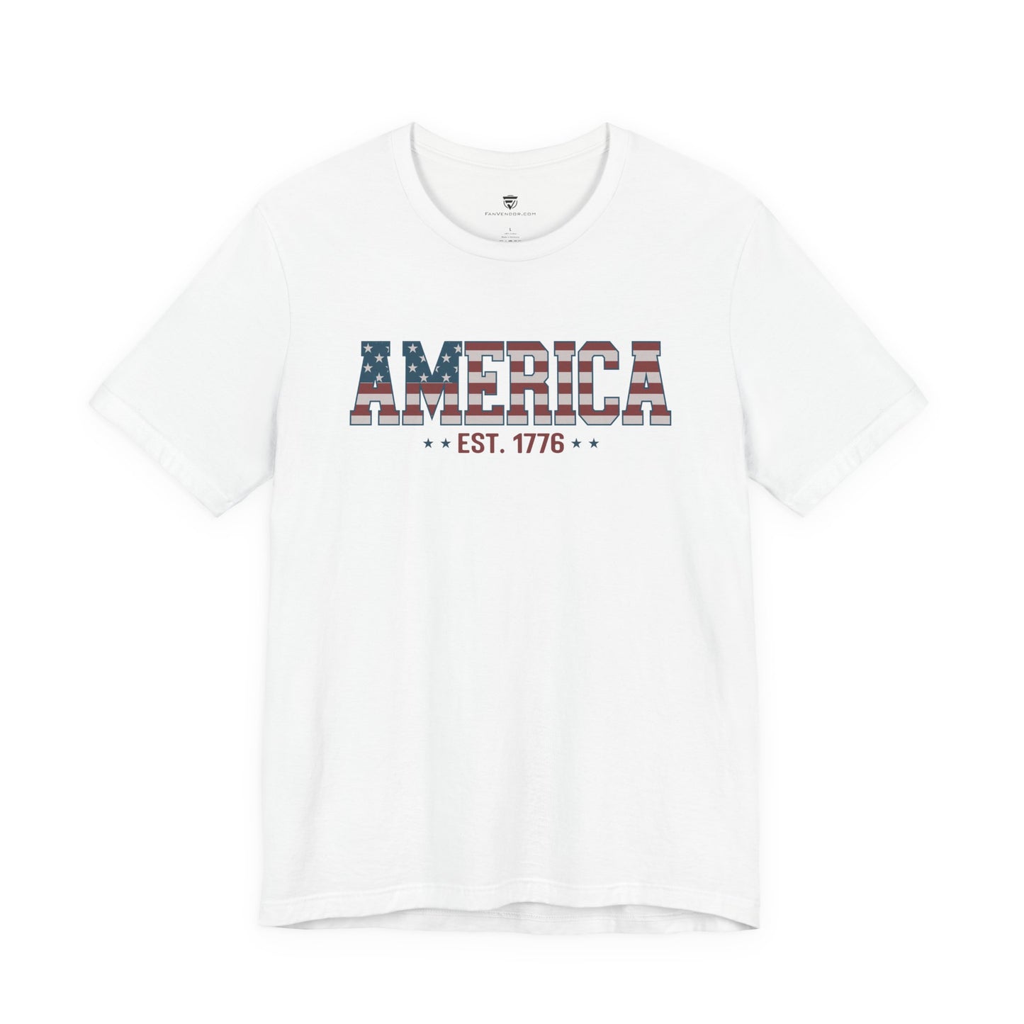 White t-shirt with 'AMERICA EST. 1776' text on a white background