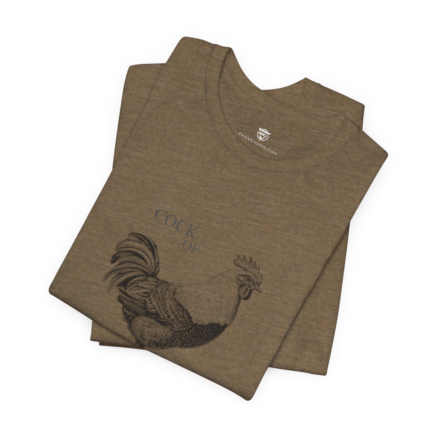 Folded brown t-shirt with a rooster graphic and text 