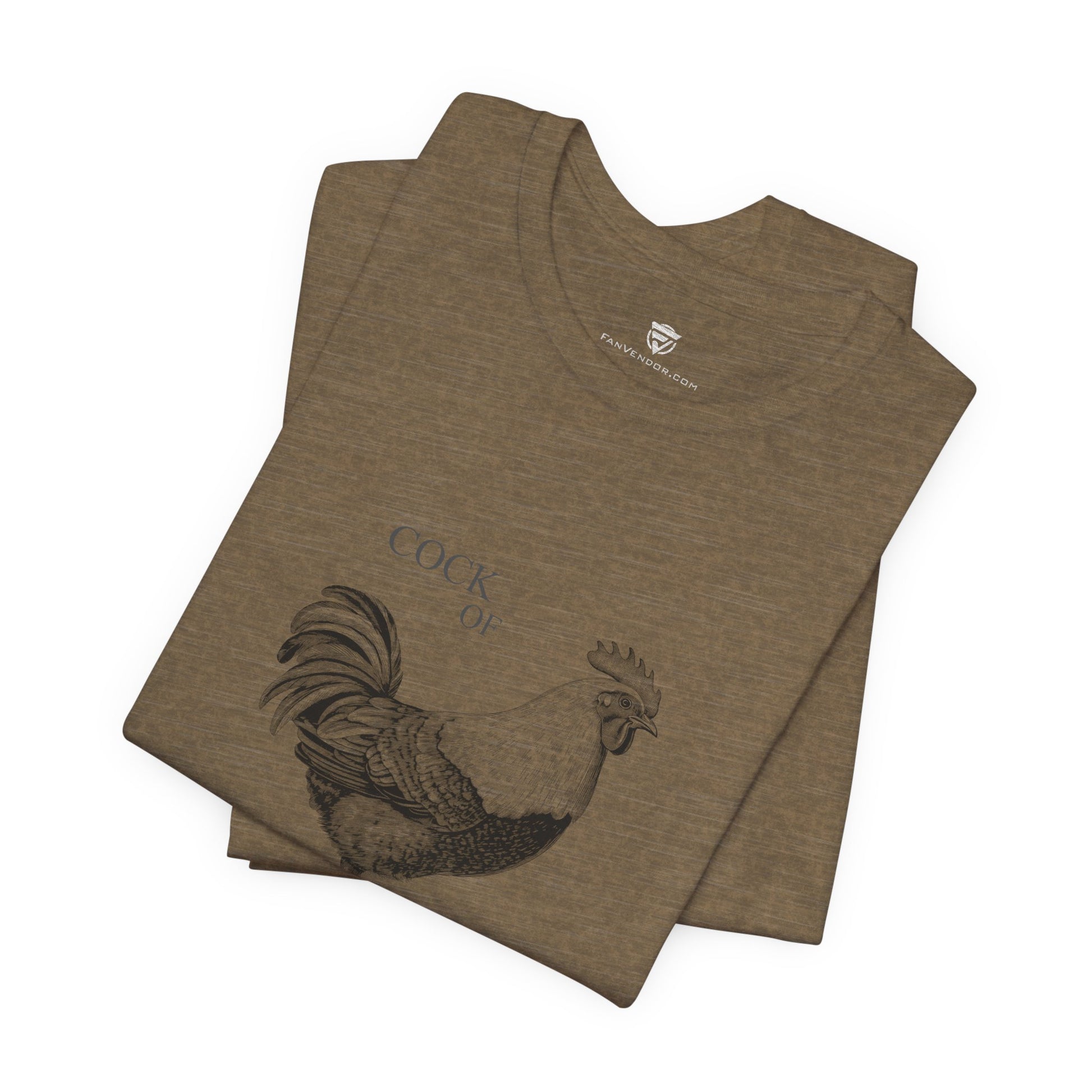 Folded brown t-shirt with a rooster graphic and text 