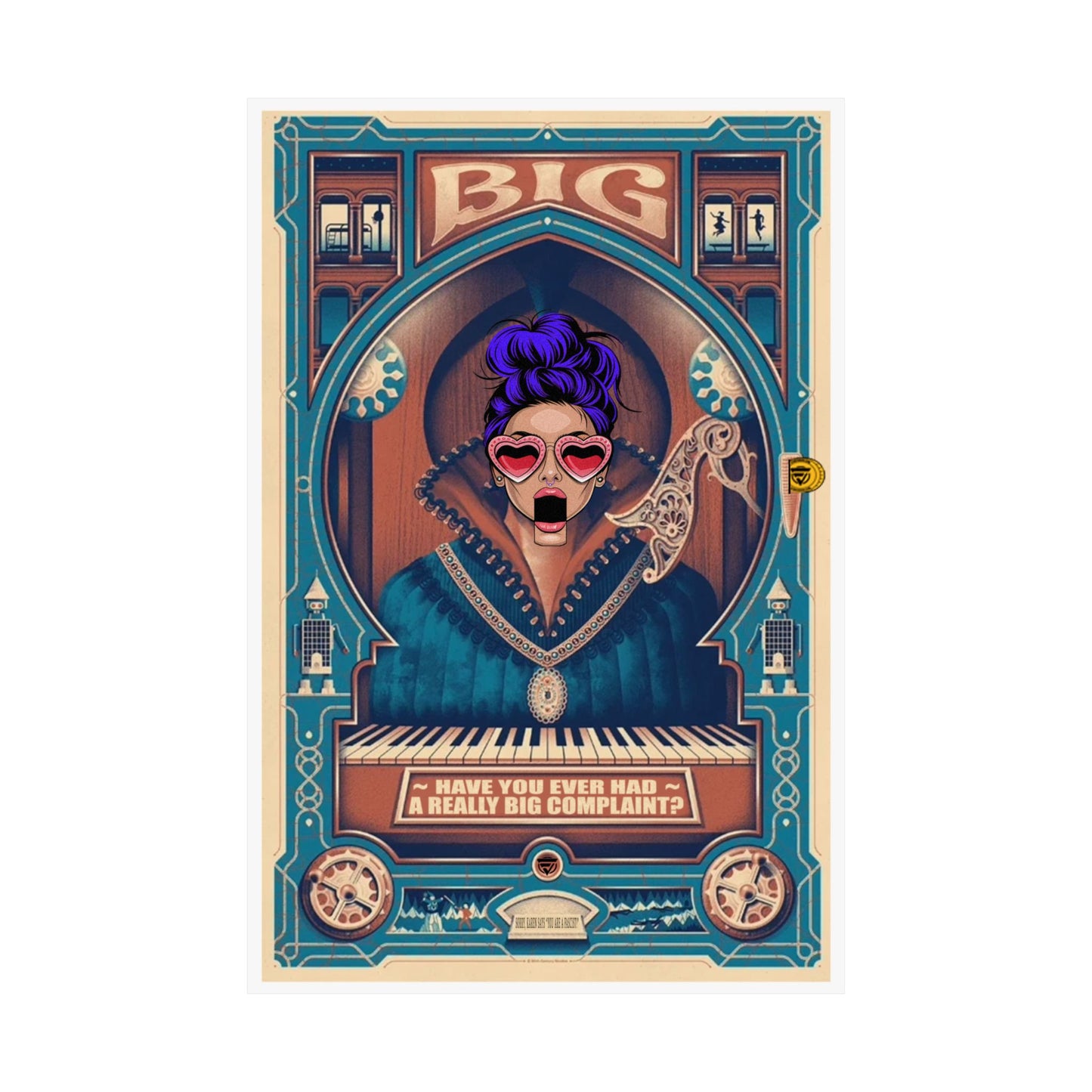 Illustration of a person with purple hair and sunglasses playing a piano, framed by decorative elements and text.