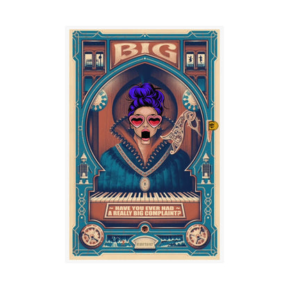 Illustration of a person with purple hair and sunglasses playing a piano, framed by decorative elements and text.