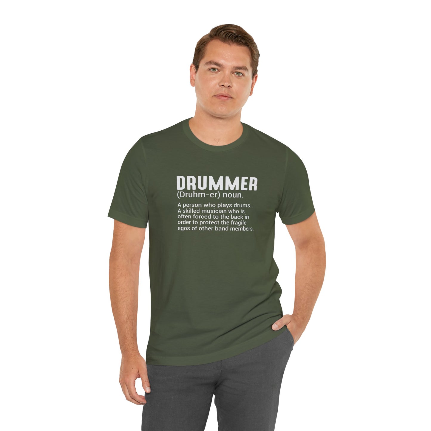 Man wearing a green t-shirt with text on a white background