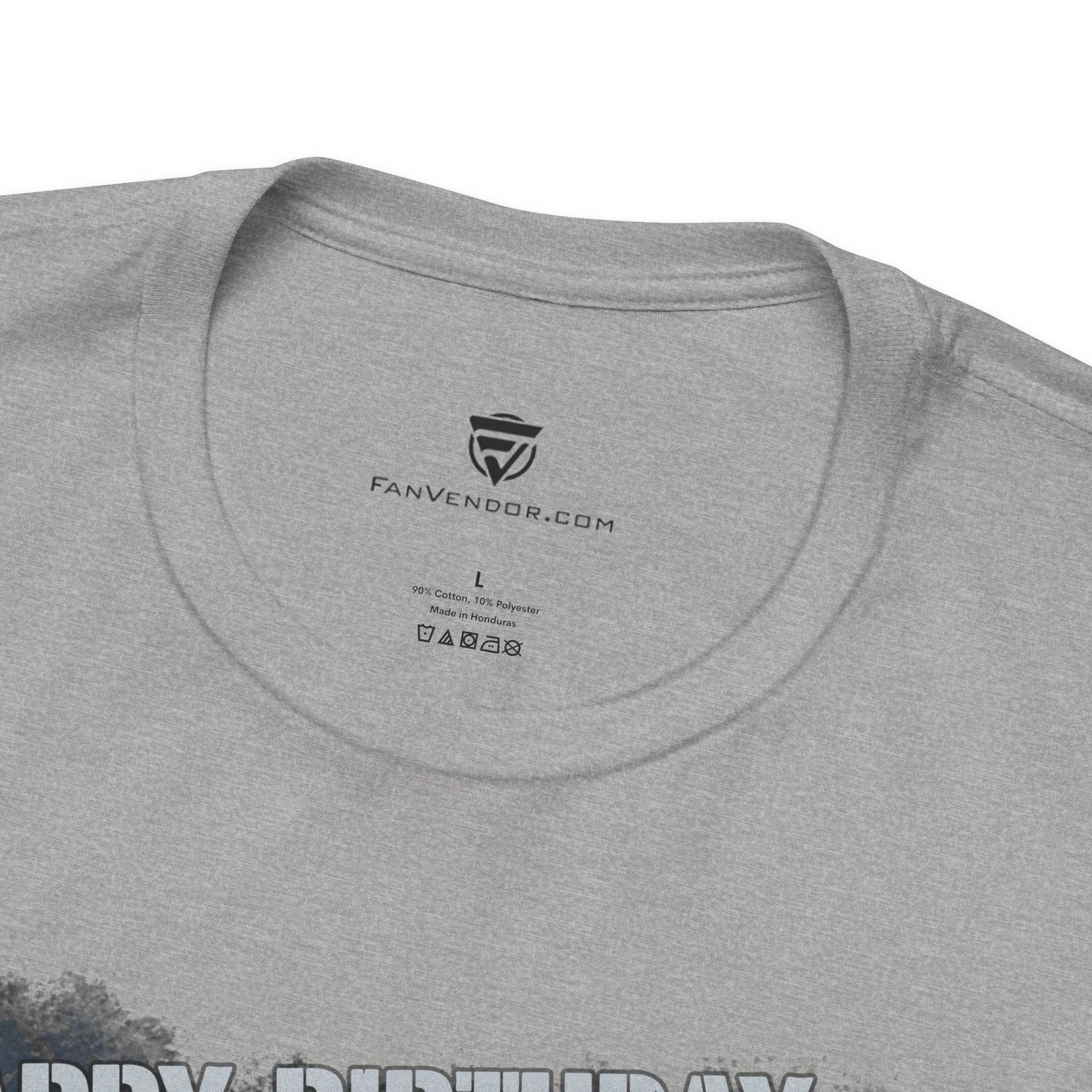 Gray t-shirt with 'Fanvendor.com' logo and text on the collar area.