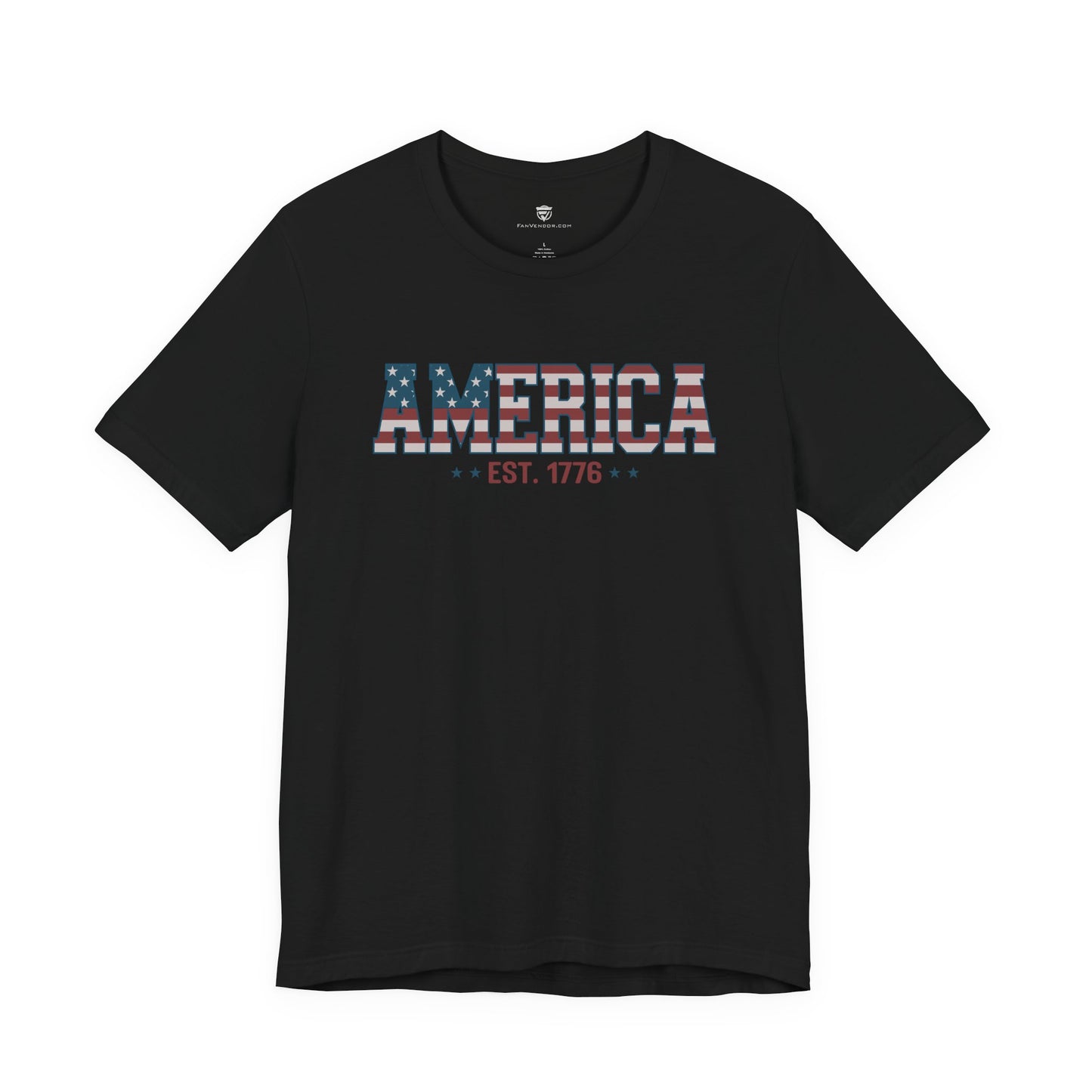 Black t-shirt with 'AMERICA EST. 1776' text on a white background