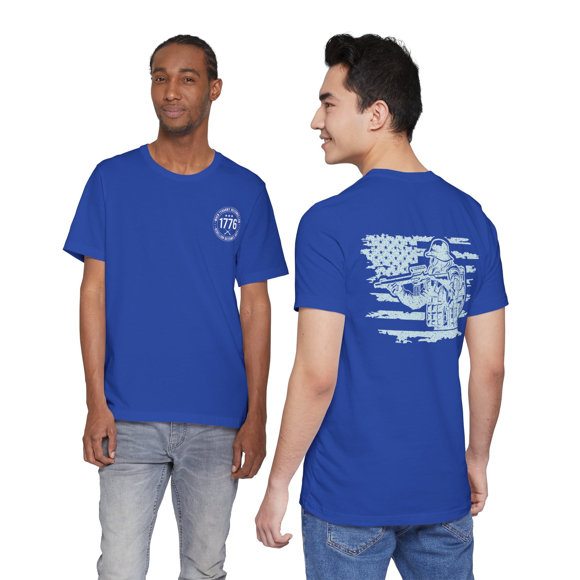 Two people wearing blue t-shirts with a front and back design on a white background
