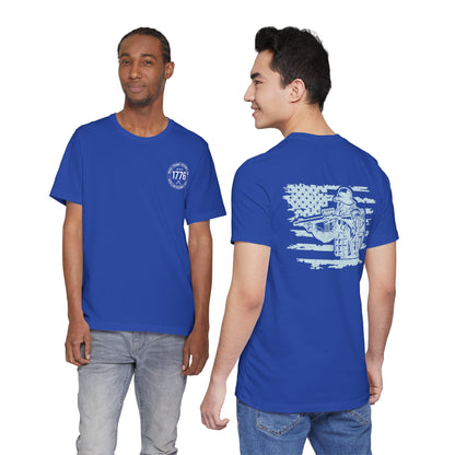 Two people wearing blue t-shirts with a front and back design on a white background