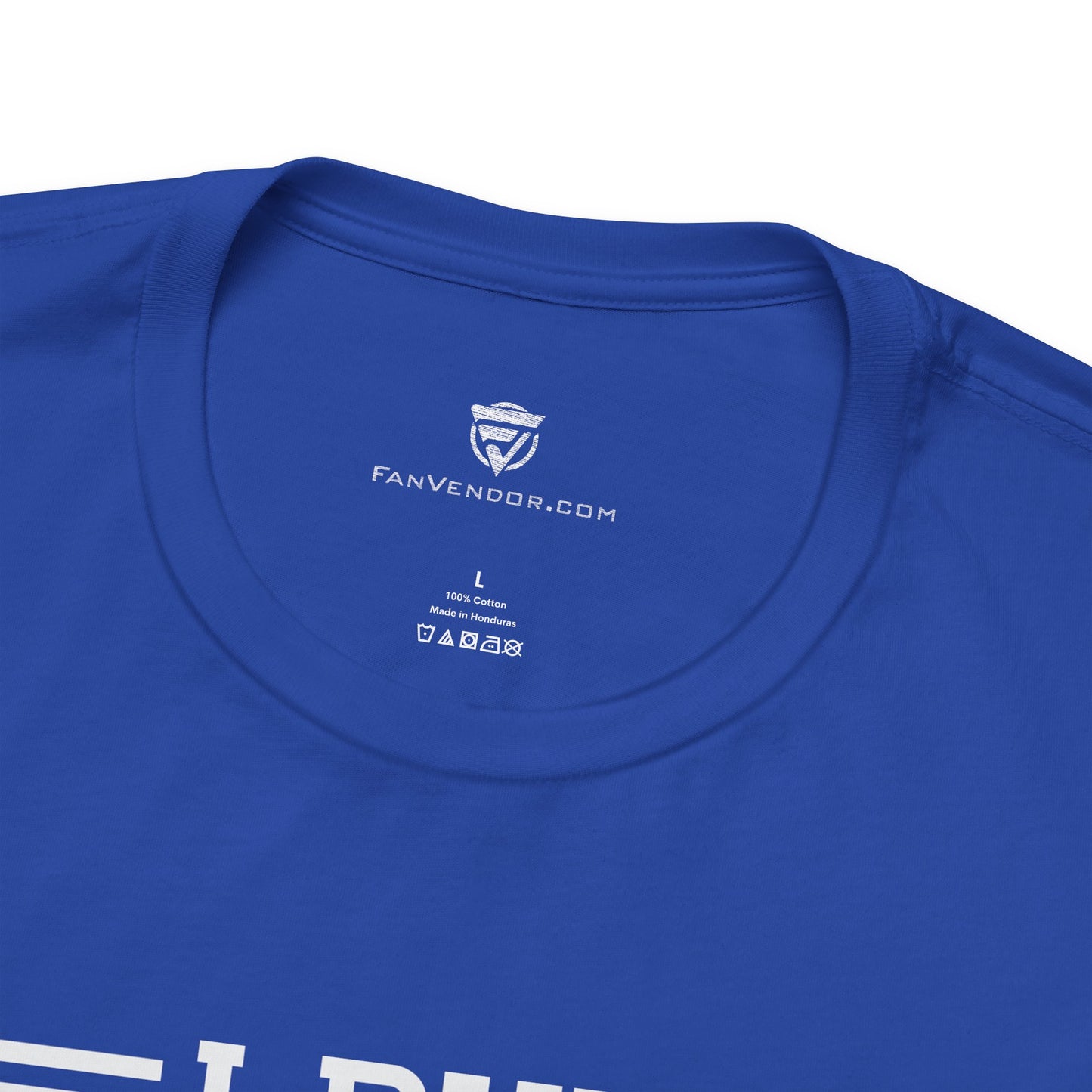 Close-up of a blue t-shirt with 'FanVendor.com' logo on the collar.
