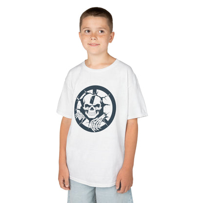 Child wearing a white t-shirt with a black skull design on a white background