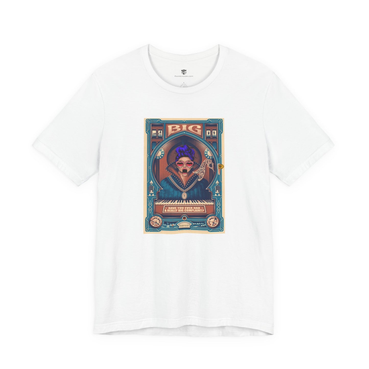 White t-shirt with a colorful graphic design on a white background