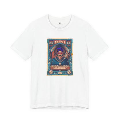 White t-shirt with a colorful graphic design on a white background