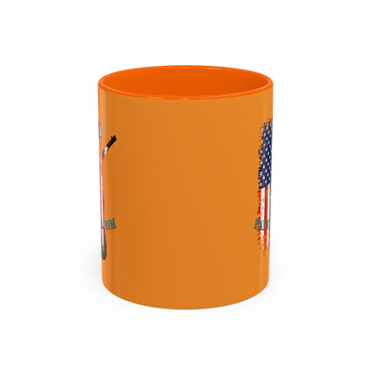 Orange mug with graphic designs on a white background