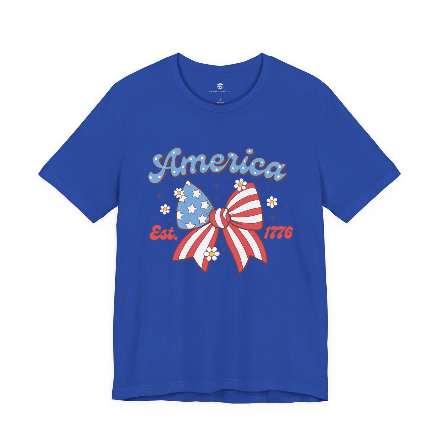 Blue t-shirt with a patriotic design featuring a bow and 'America' text on a white background
