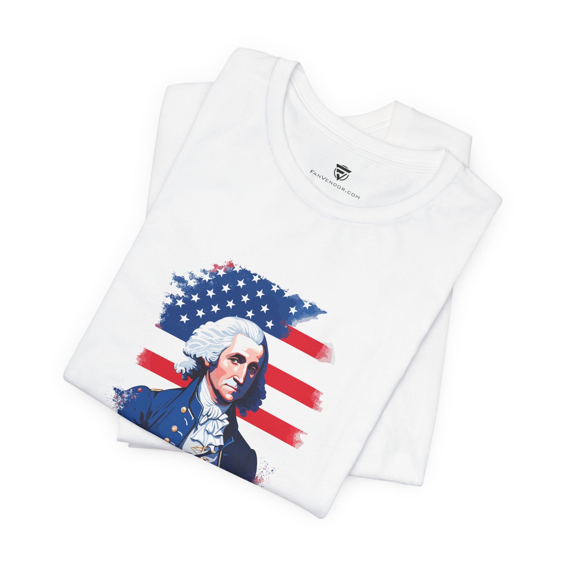 White t-shirt with a graphic of a historical figure and American flag design on a white background