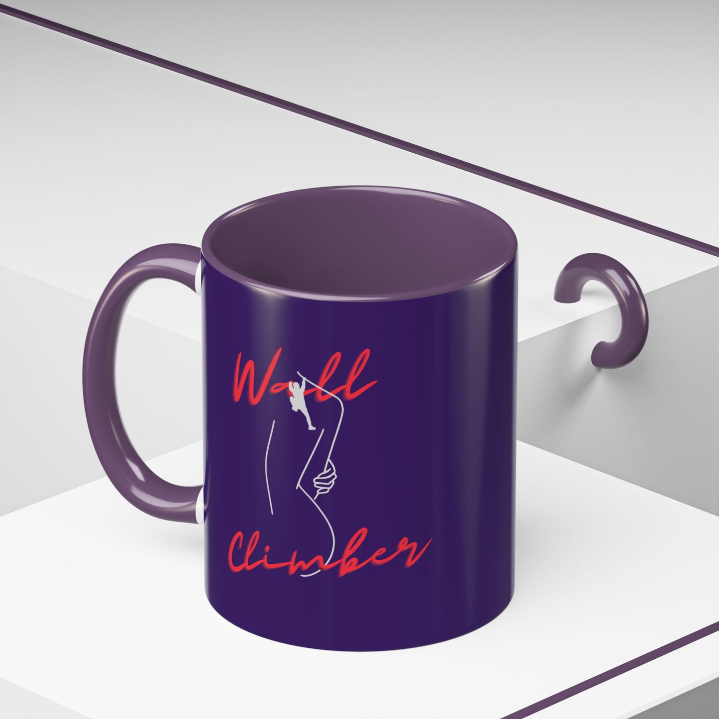 Purple mug with 'Wall Climber' text and graphic on a white background