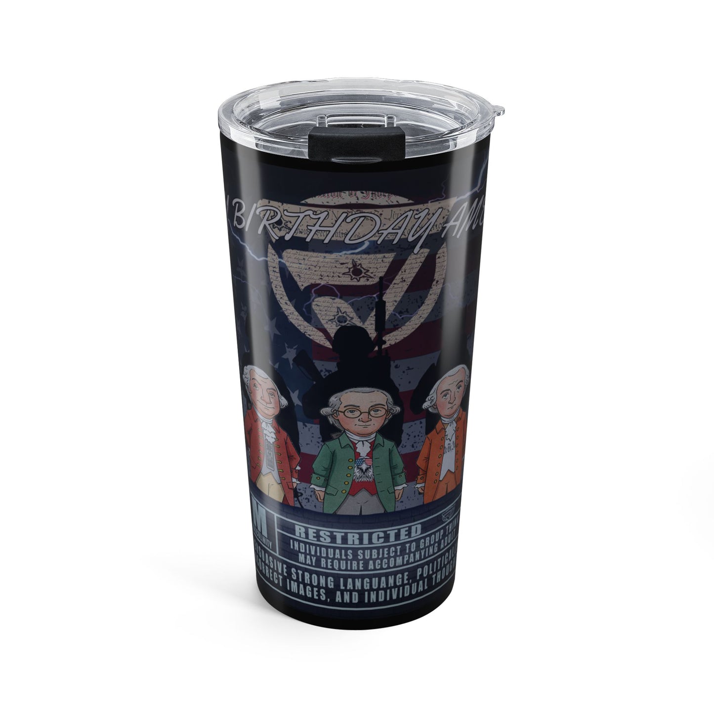 Tumbler with historical figures design on a white background