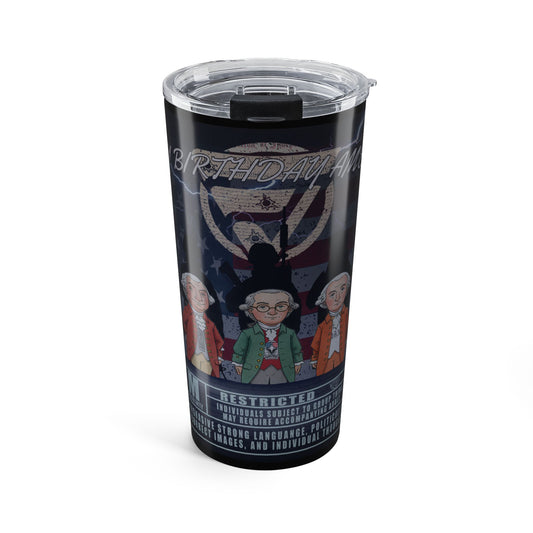 Tumbler with historical figures design on a white background