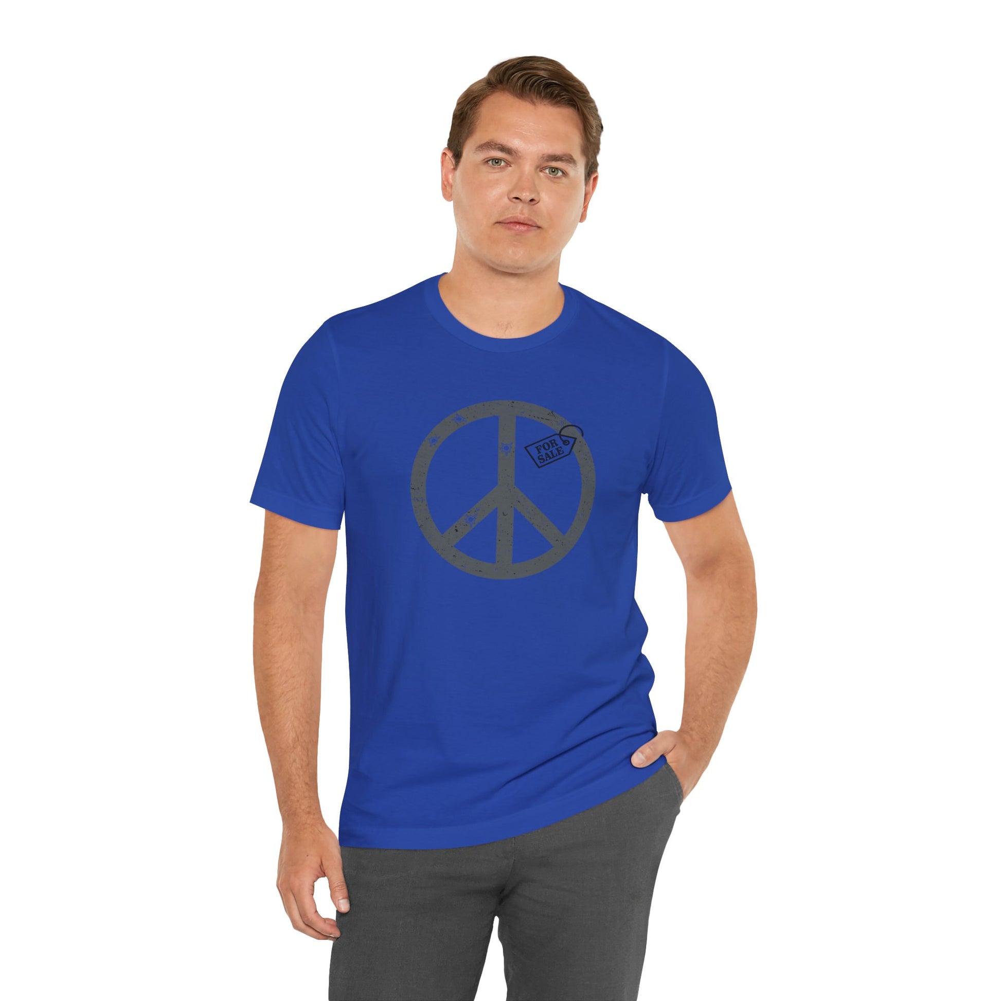 Man wearing a blue t-shirt with a peace symbol design on a white background