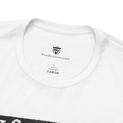 Close-up of a white t-shirt with 'FanVendor.com' branding on the collar.