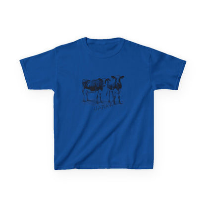 Blue t-shirt with cow graphic and 'HAAAY' text on a white background