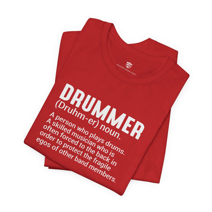 Red t-shirt with 'DRUMMER' definition text on a white background
