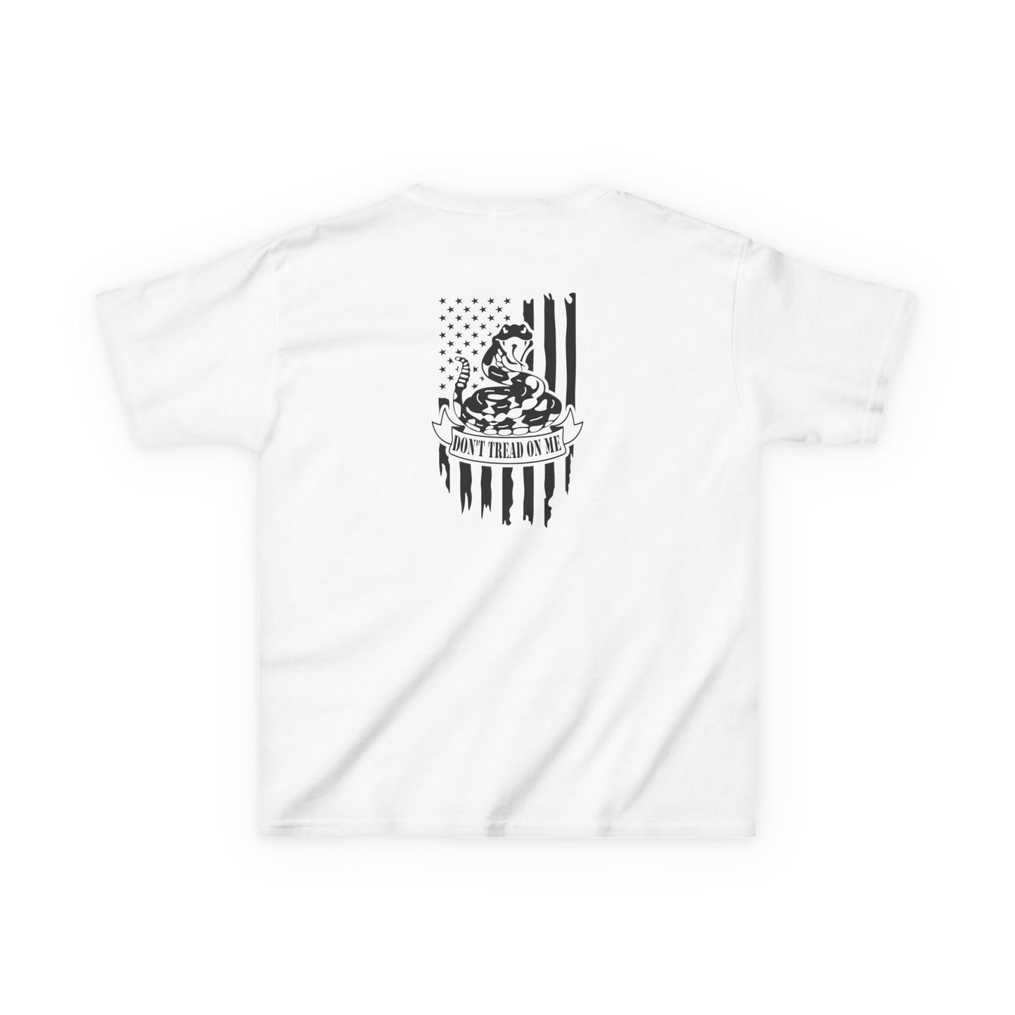 White t-shirt with black graphic design on a white background