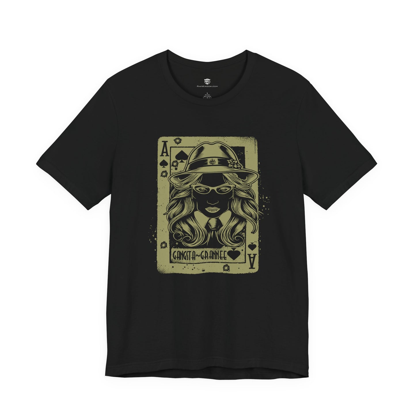Black t-shirt with a graphic design of a masked figure on a white background