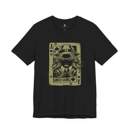 Black t-shirt with a graphic design of a masked figure on a white background