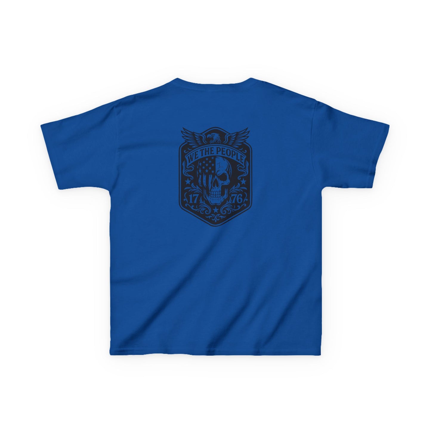 Blue t-shirt with a black graphic design on the back against a white background