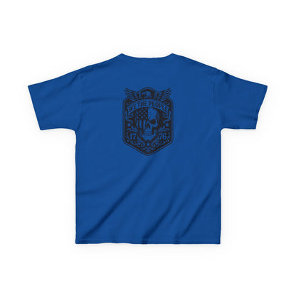 Blue t-shirt with a black graphic design on the back against a white background