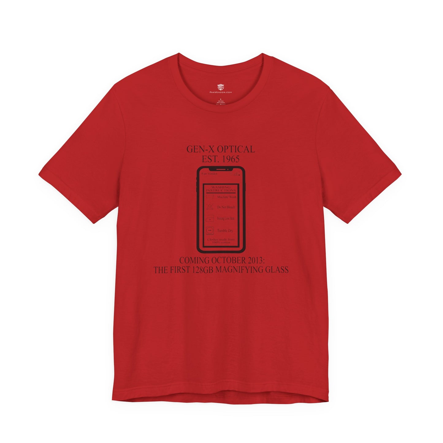 Red t-shirt with graphic and text on a white background