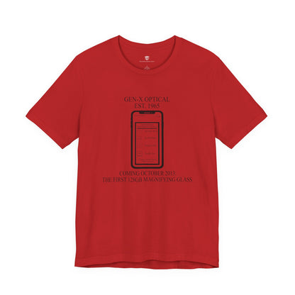 Red t-shirt with graphic and text on a white background