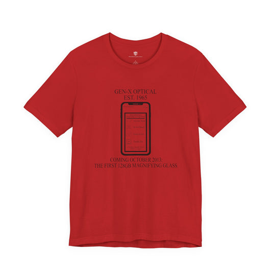 Red t-shirt with graphic and text on a white background