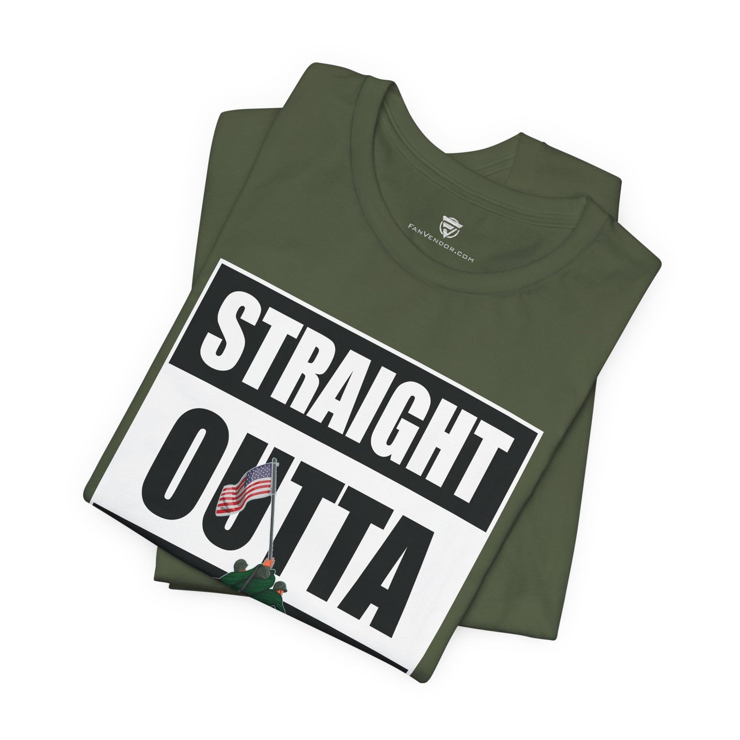 Green t-shirt with 'Straight Outta' graphic design on a white background