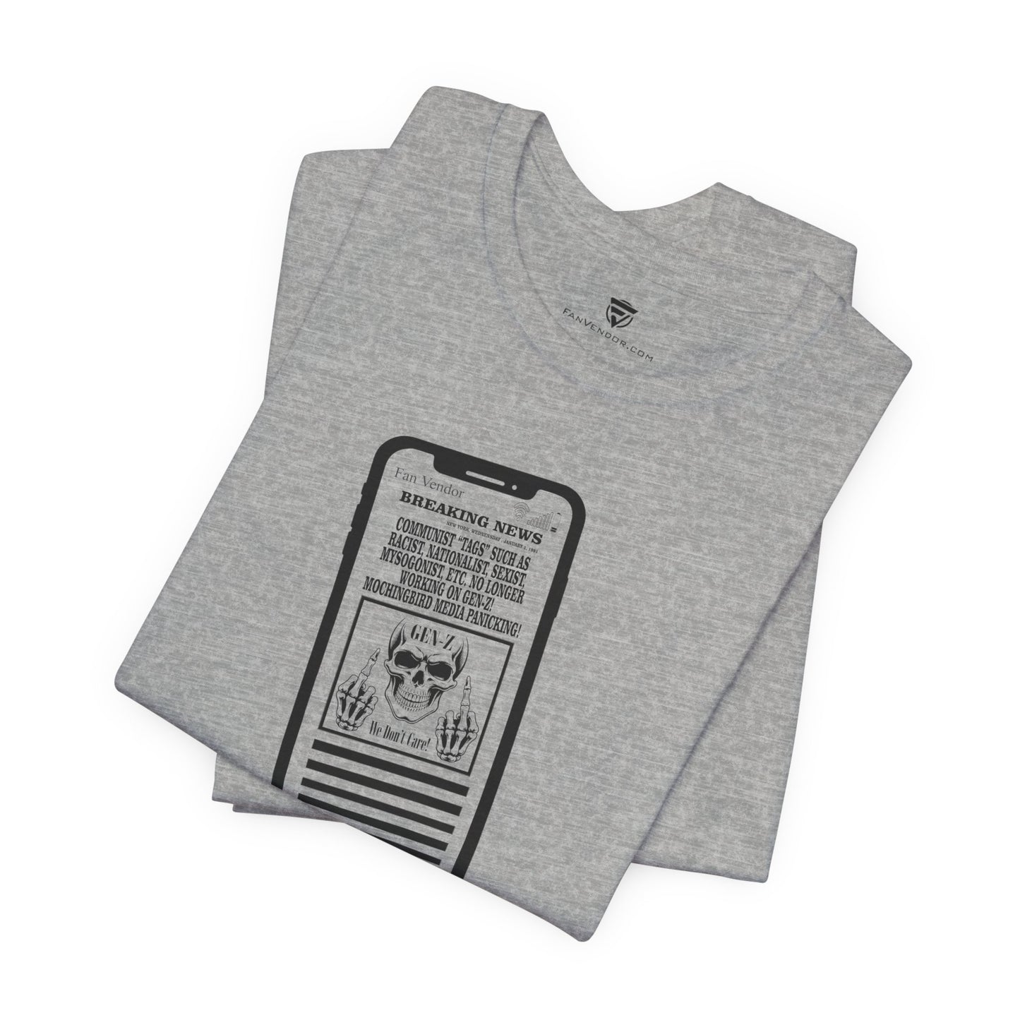 Gray t-shirt with a graphic design on a white background