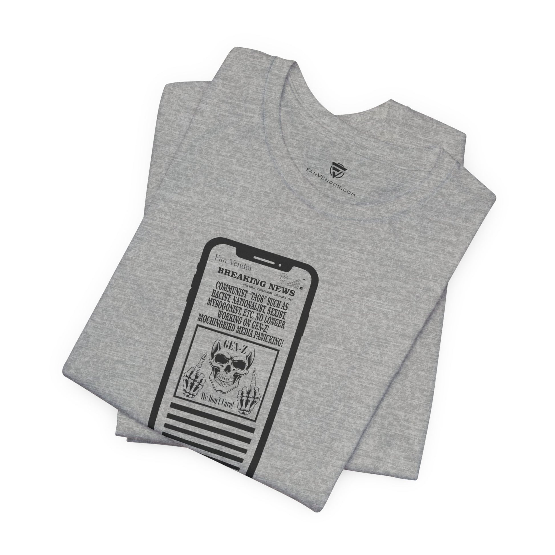 Gray t-shirt with a graphic design on a white background