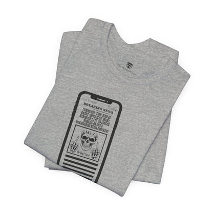 Gray t-shirt with a graphic design on a white background
