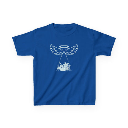 Blue t-shirt with a white graphic design on a white background