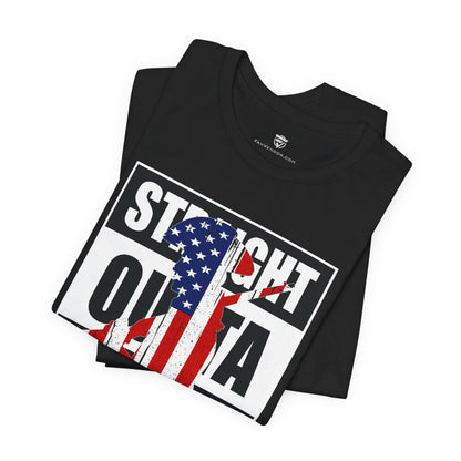 Black t-shirt with graphic design on a white background