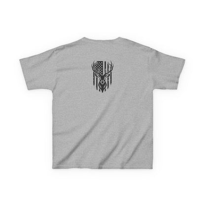 Gray t-shirt with a black deer and flag design on a white background