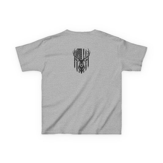 Gray t-shirt with a black deer and flag design on a white background