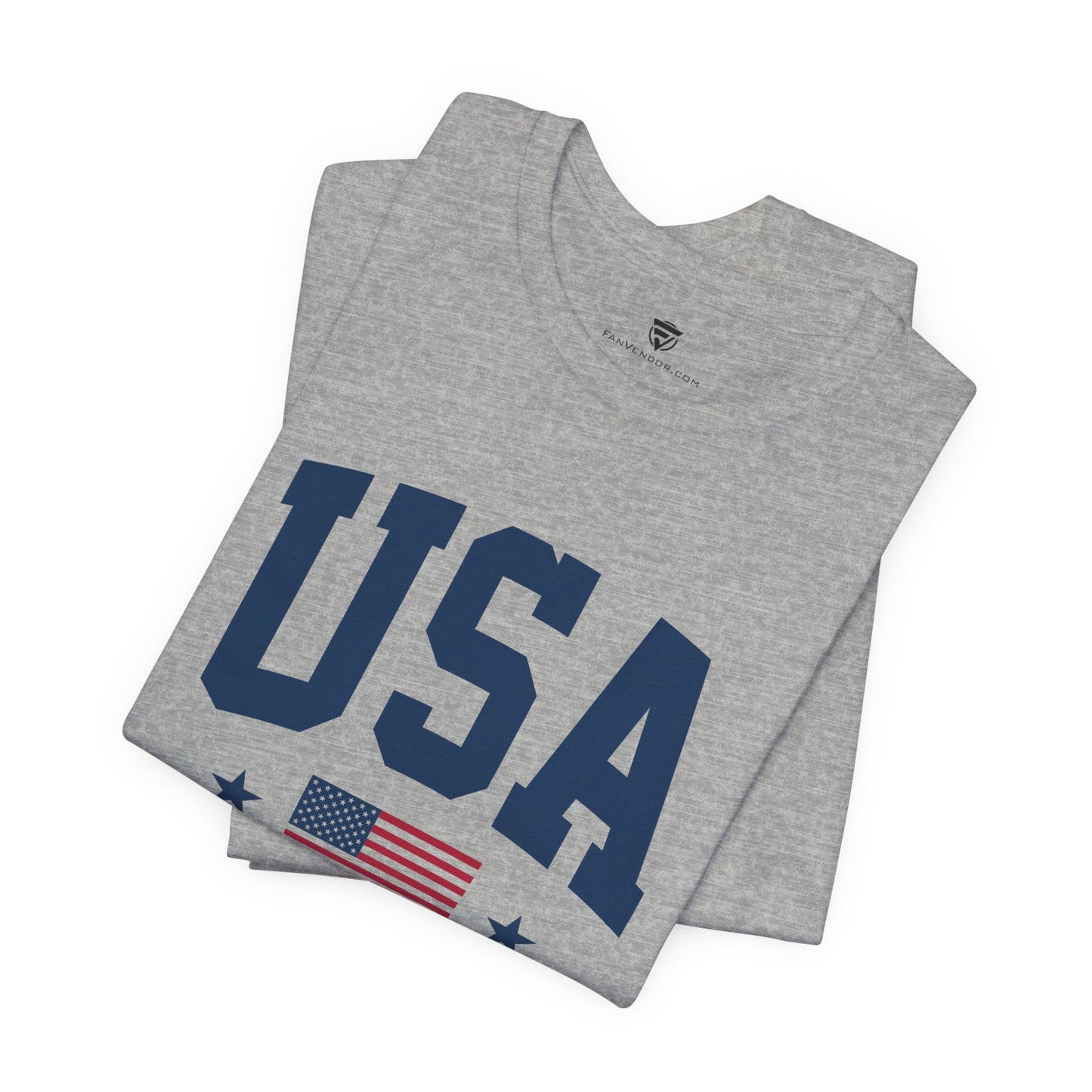 Gray t-shirt with 'USA' printed in blue on a white background
