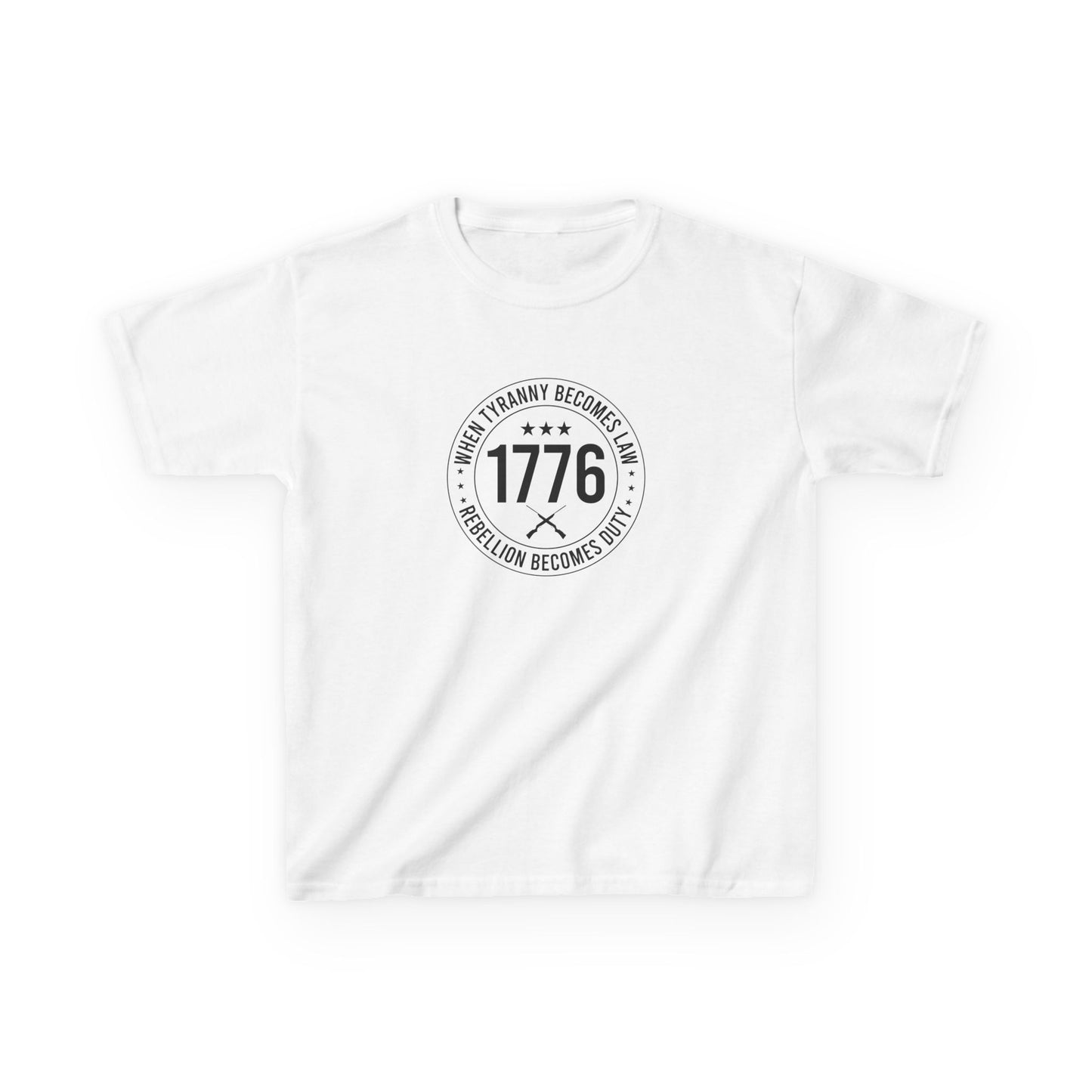 White t-shirt with black text design on a white background
