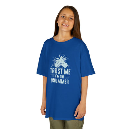 Child wearing a blue t-shirt with text and graphic on a white background