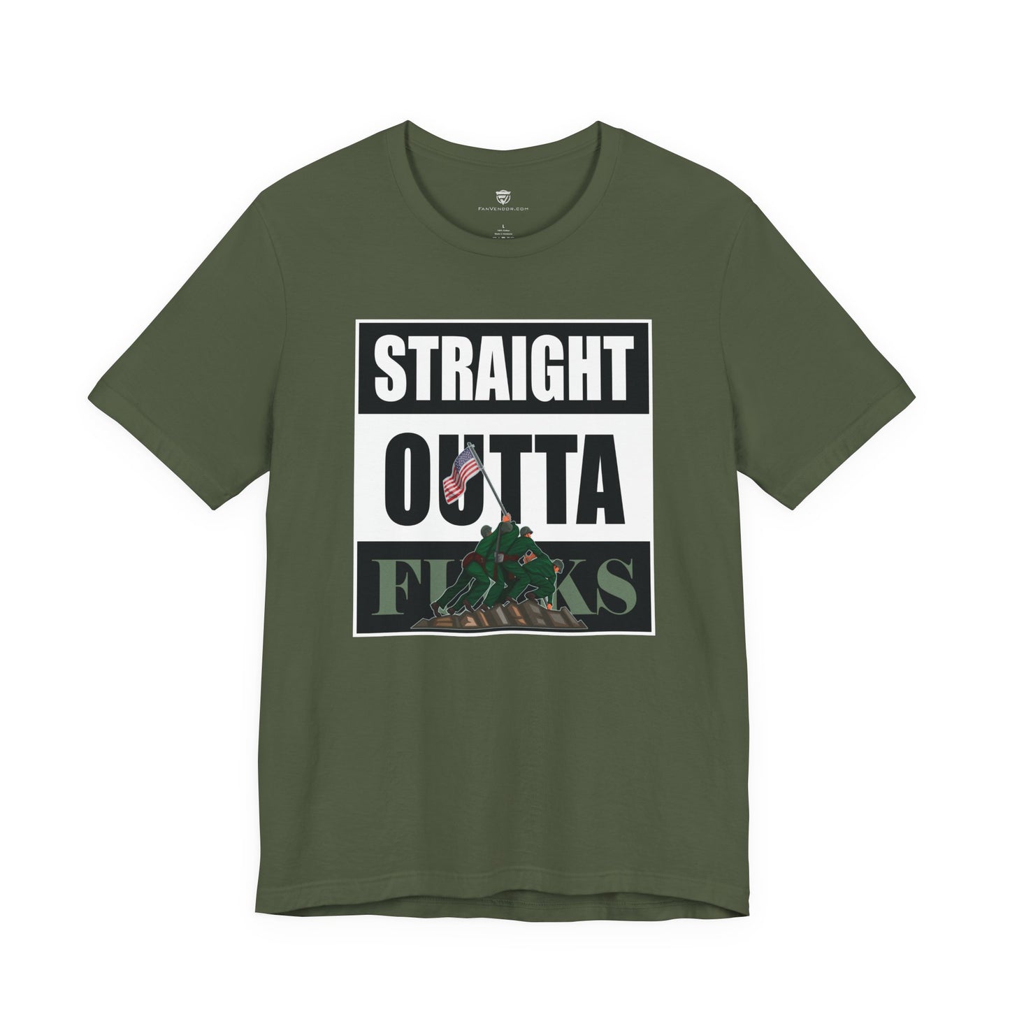Military Green t-shirt with text on a white background