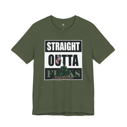 Military Green t-shirt with text on a white background