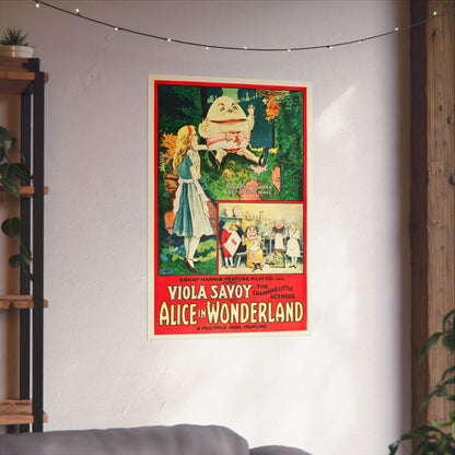 Vintage-style 'Alice in Wonderland' poster on a wall with decorative lights.