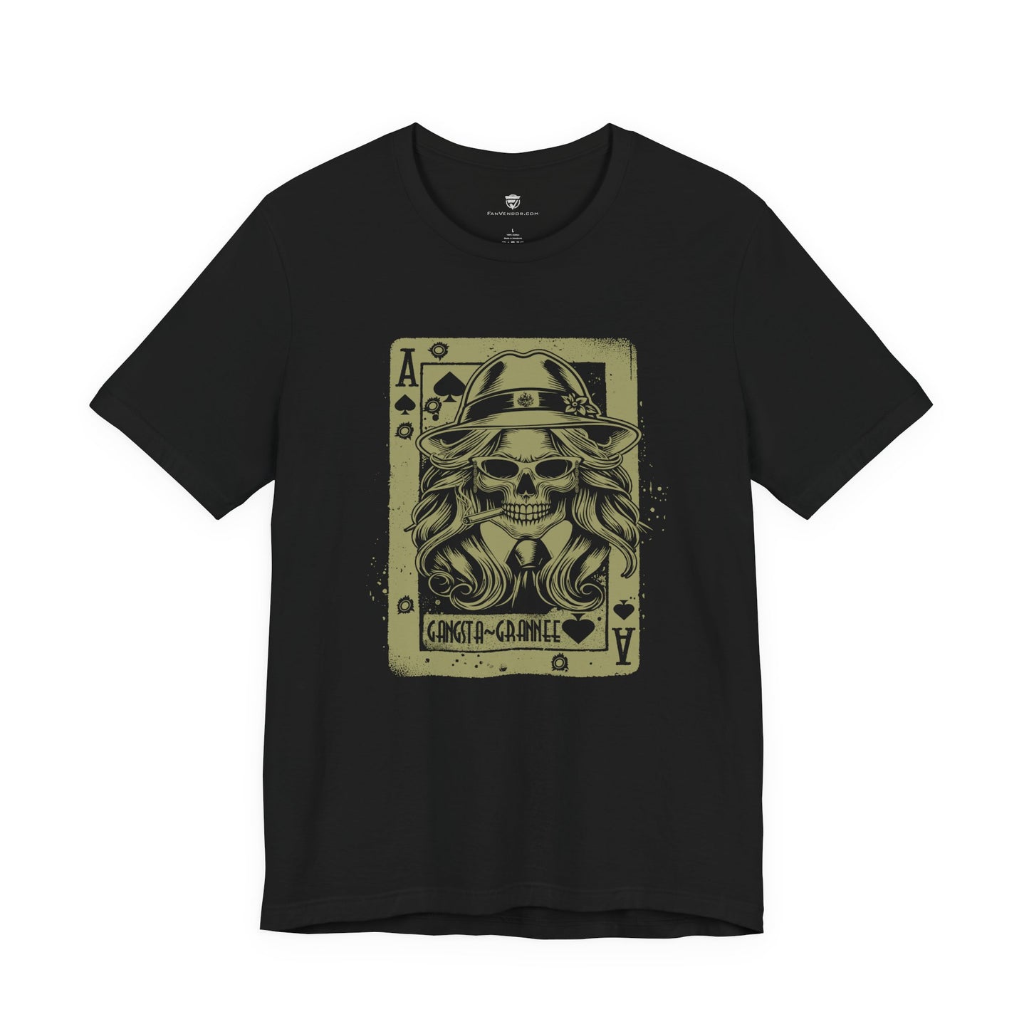 Black t-shirt with a graphic design of a skull wearing a hat and playing card suit symbols on a white background.