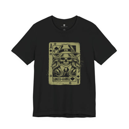 Black t-shirt with a graphic design of a skull wearing a hat and playing card suit symbols on a white background.