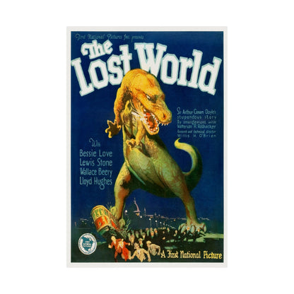 Vintage movie poster for 'The Lost World' featuring a dinosaur and people.