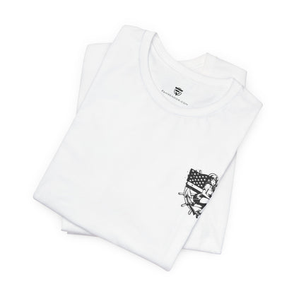 Folded white t-shirt with black graphic design on a white background